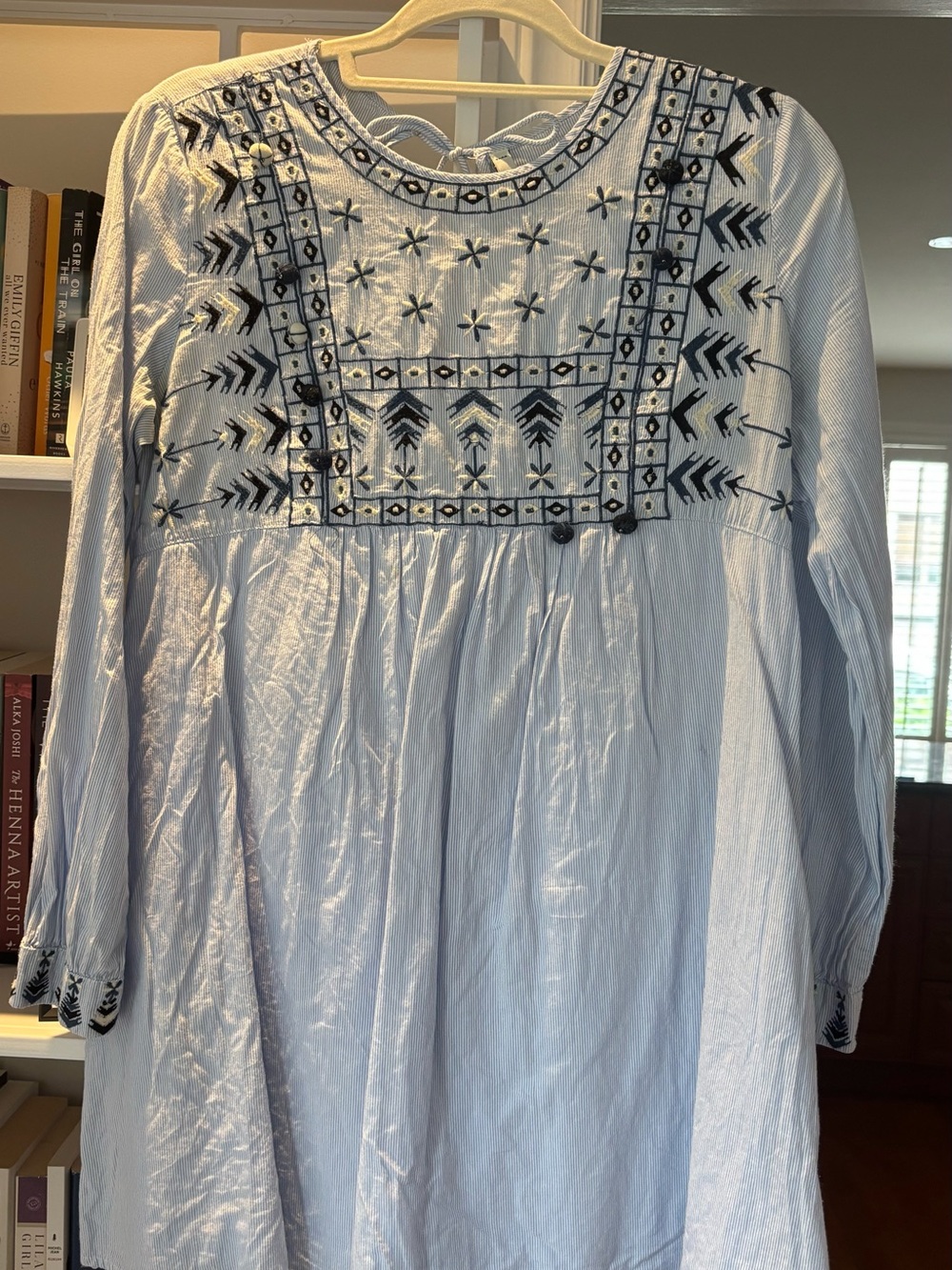 Zara Light Blue Striped Embroidered Dress